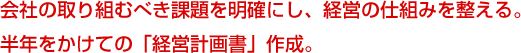 会社の取り組むべき課題を明確にし、経営の仕組みを整える。半年をかけての「経営計画書」作成。